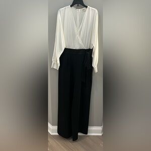 Eliza J Black/White Satin Wide Leg Wrap Jumpsuit